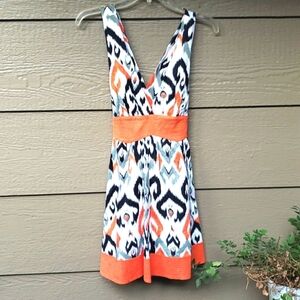 Bebe Cross X Back Mini Dress Black white orange gray Ikat S